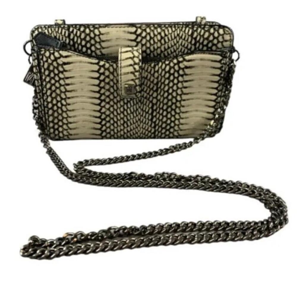 Antonio Melani Leather Crossbody Clutch Snake Print Shoulder Strap Chain BlackTa